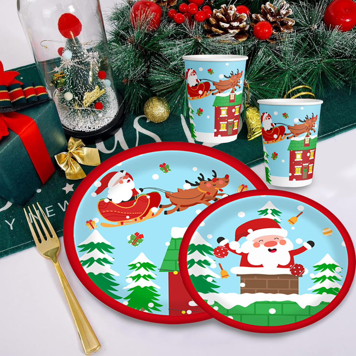 Set di piatti e bicchieri di carta natalizi per 10 ospiti, decorazioni per piatti e bicchieri con motivo di Babbo Natale e alce per le feste invernali e decorazioni per feste di Natale