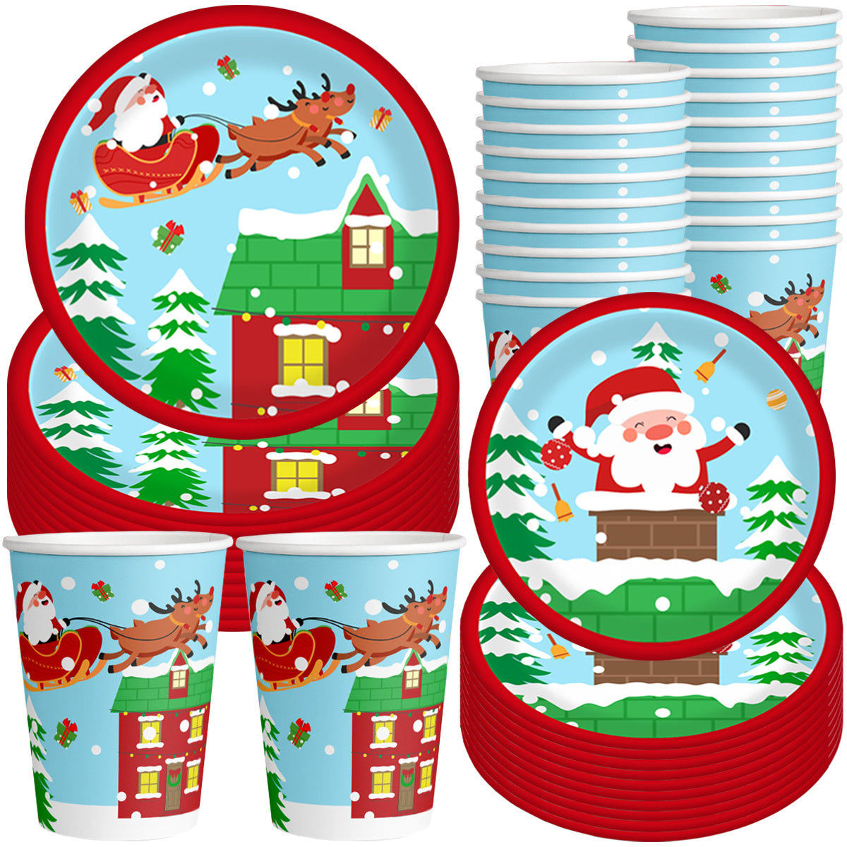 Set di piatti e bicchieri di carta natalizi per 10 ospiti, decorazioni per piatti e bicchieri con motivo di Babbo Natale e alce per le feste invernali e decorazioni per feste di Natale