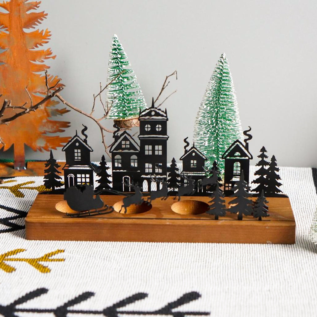 Portacandele in ferro battuto con base in legno per albero di Natale