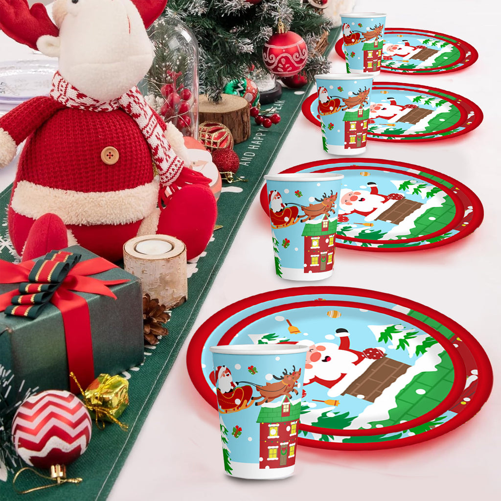 Set di piatti e bicchieri di carta natalizi per 10 ospiti, decorazioni per piatti e bicchieri con motivo di Babbo Natale e alce per le feste invernali e decorazioni per feste di Natale